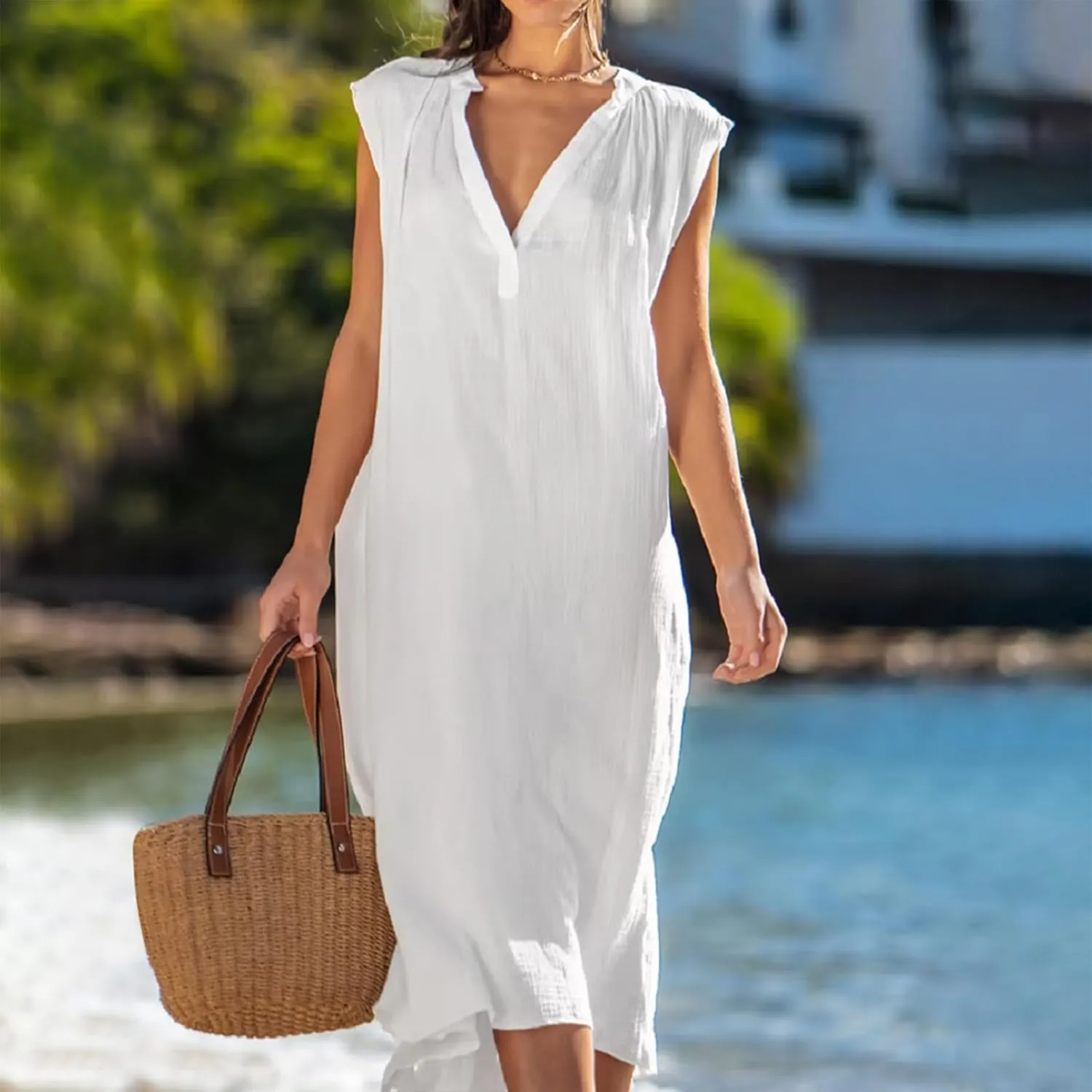 Loose Sleeveless Cotton Dress Linen V-Neck Summer Beach Maxi Dresses Solid Boho Flowy Vacation Travel Swing Dresses