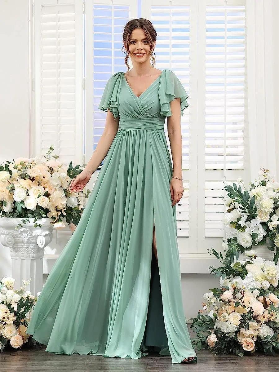 Loyeloy V Neck Flutter Sleeves Bridesmaid Dresses with Slit 2024 Chiffon Aline Pleats Formal Evening Gowns