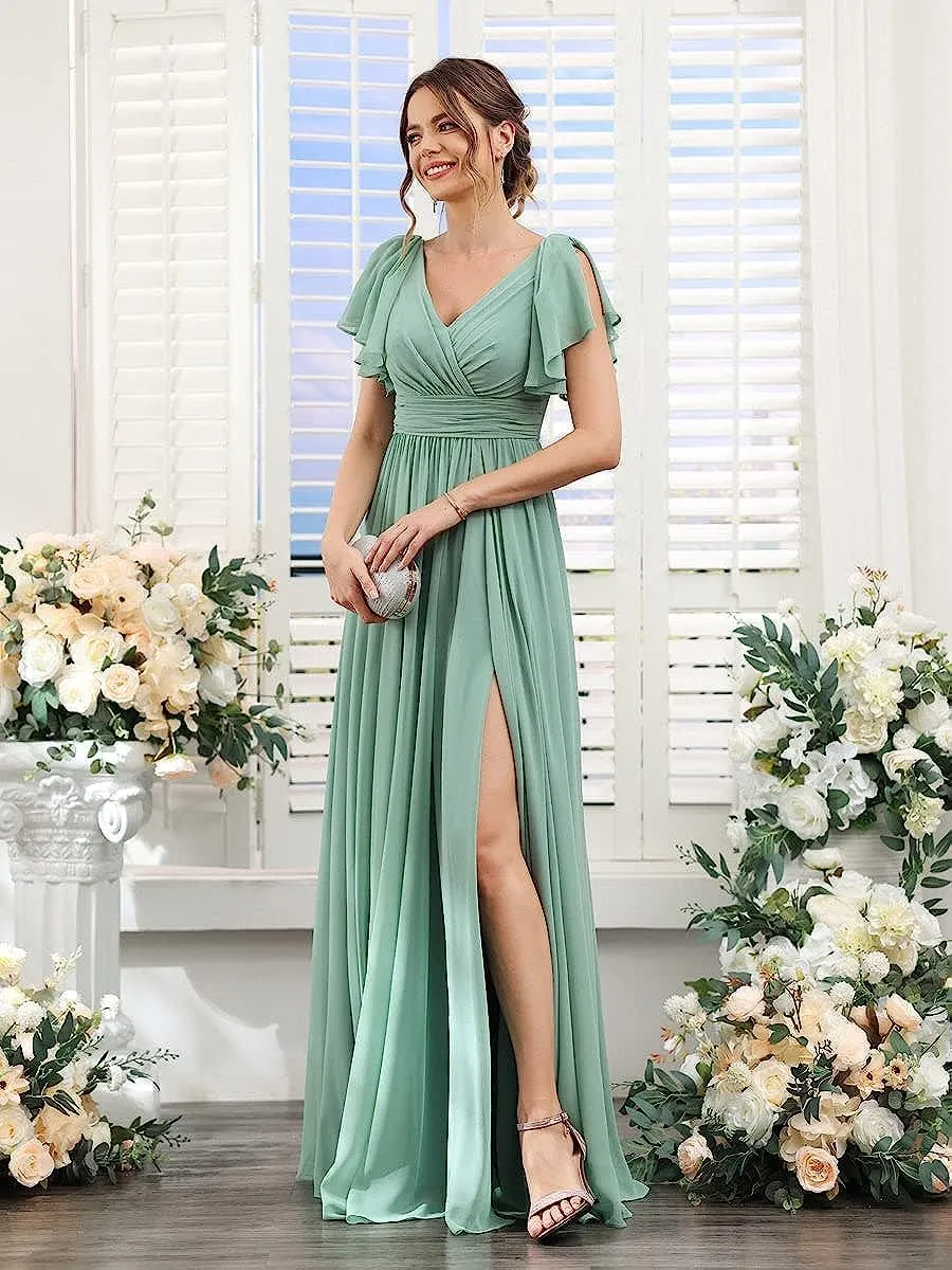Loyeloy V Neck Flutter Sleeves Bridesmaid Dresses with Slit 2024 Chiffon Aline Pleats Formal Evening Gowns