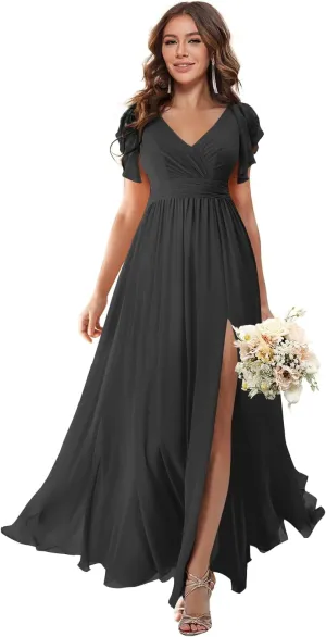 Loyeloy V Neck Flutter Sleeves Bridesmaid Dresses with Slit 2024 Chiffon Aline Pleats Formal Evening Gowns