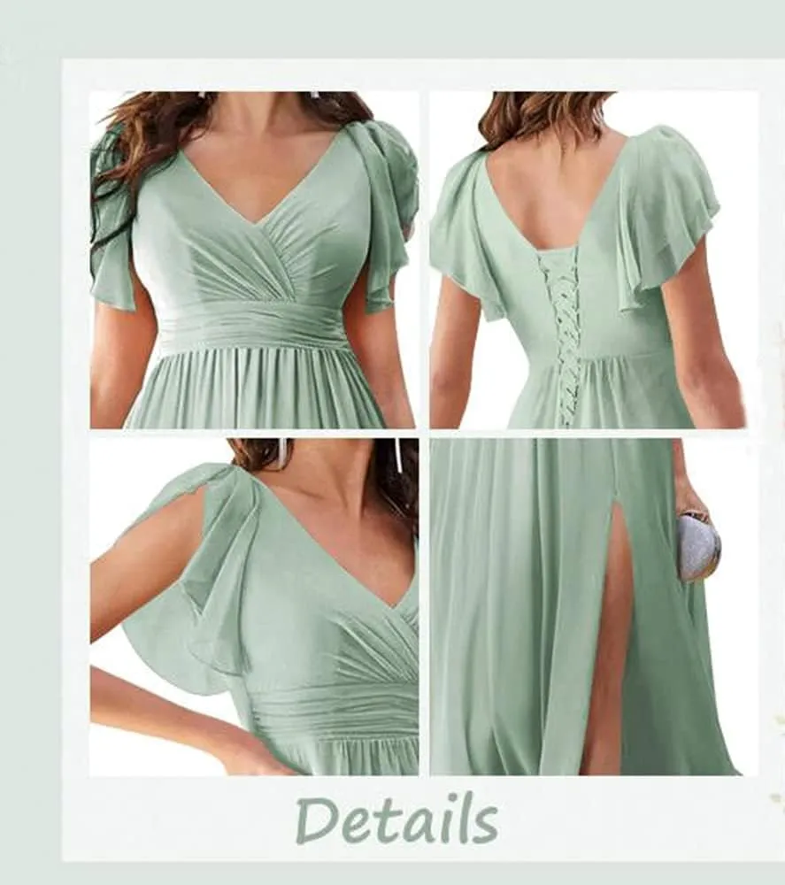 Loyeloy V Neck Flutter Sleeves Bridesmaid Dresses with Slit 2024 Chiffon Aline Pleats Formal Evening Gowns
