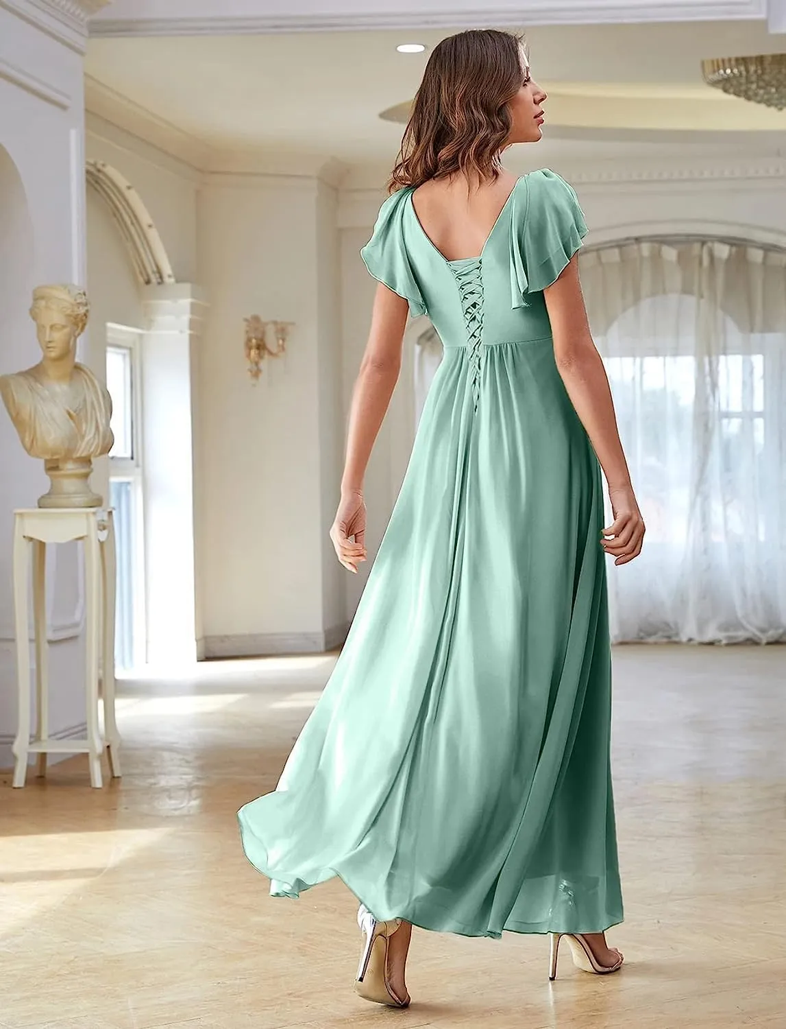 Loyeloy V Neck Flutter Sleeves Bridesmaid Dresses with Slit 2024 Chiffon Aline Pleats Formal Evening Gowns