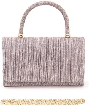 Lurex Pleated Top Handle Sparkly Handbag with Chain Evening Clutch Bag Luxury Womens Handbag Parties Weddings Dinners