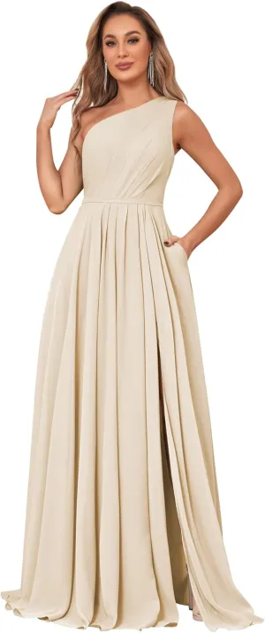 MAGGCIF One Shoulder Bridesmaid Dresses for Wedding with Pockets Chiffon A Line Long Formal Evening Party Gowns