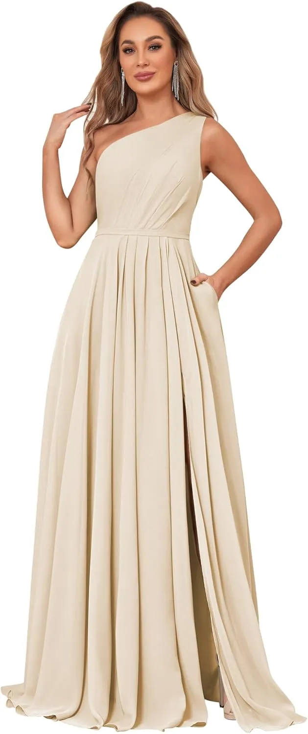 MAGGCIF One Shoulder Bridesmaid Dresses for Wedding with Pockets Chiffon A Line Long Formal Evening Party Gowns