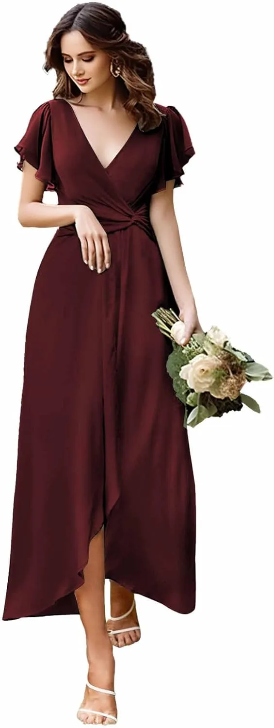 MAGGCIF Short Sleeve Bridesmaid Dresses for Women with Slit A Line Ruffle Chiffon Long Formal Evening Party Gown