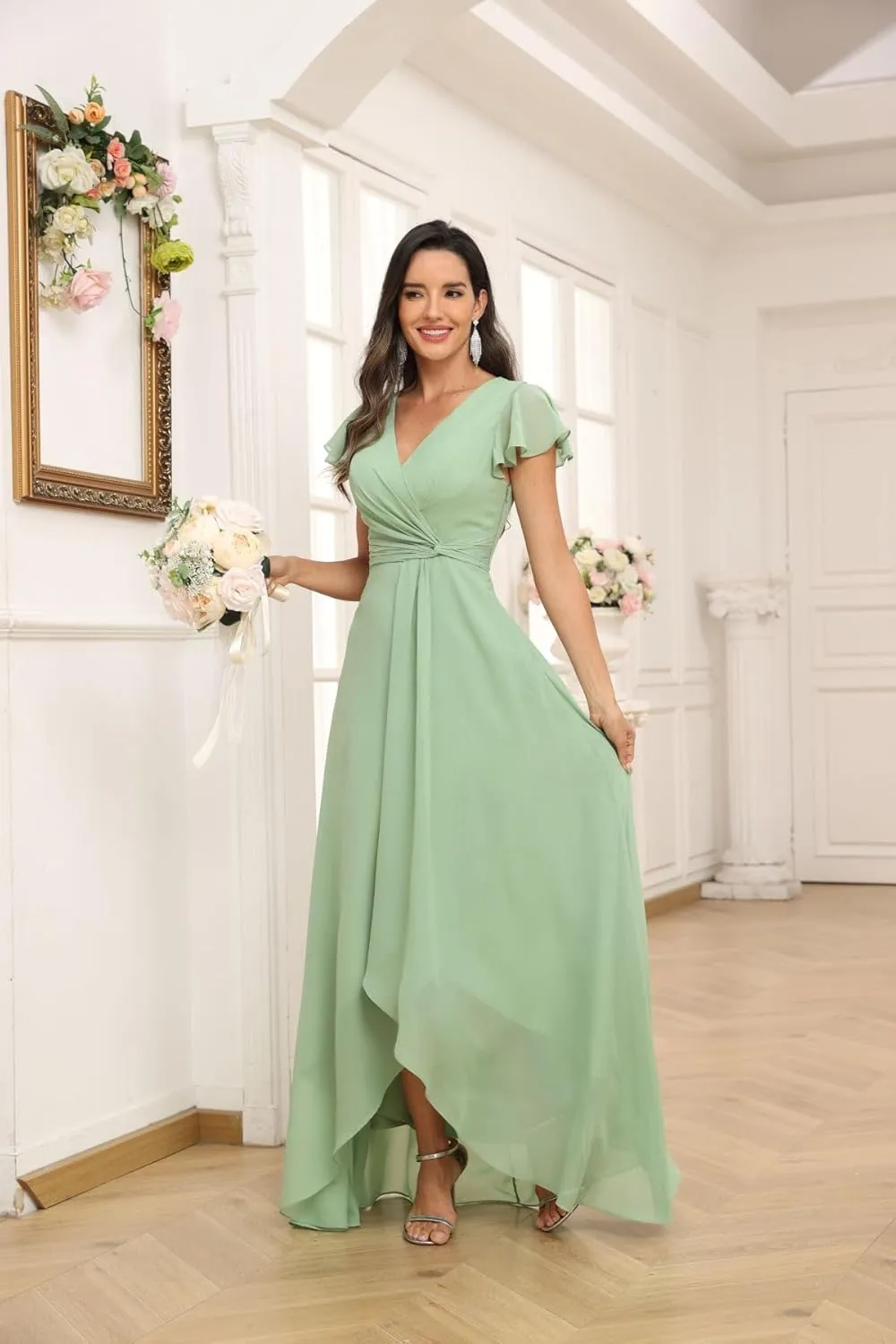 MAGGCIF Short Sleeve Bridesmaid Dresses for Women with Slit A Line Ruffle Chiffon Long Formal Evening Party Gown