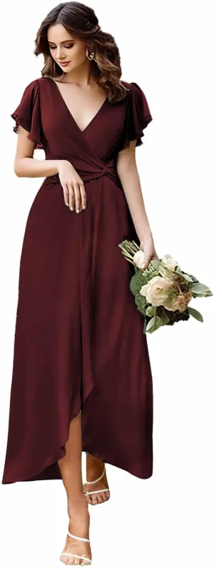 MAGGCIF Short Sleeve Bridesmaid Dresses for Women with Slit A Line Ruffle Chiffon Long Formal Evening Party Gown