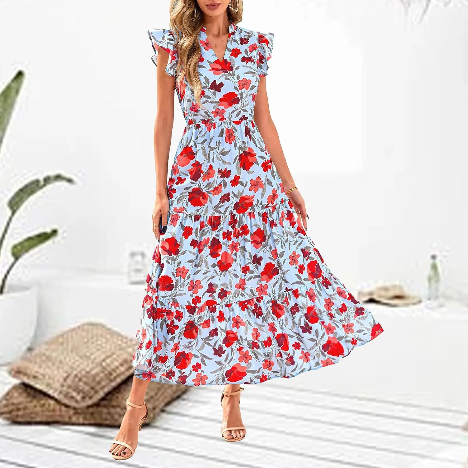 Maxi Dresses Casual Summer Wrap Maxi Dress Boho Floral Long Dresses V Neck Flutter Short Sleeve Ruffle Hem Swing Dress