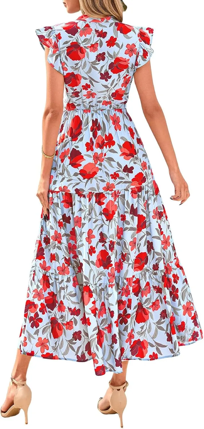 Maxi Dresses Casual Summer Wrap Maxi Dress Boho Floral Long Dresses V Neck Flutter Short Sleeve Ruffle Hem Swing Dress