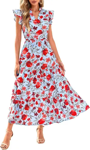 Maxi Dresses Casual Summer Wrap Maxi Dress Boho Floral Long Dresses V Neck Flutter Short Sleeve Ruffle Hem Swing Dress
