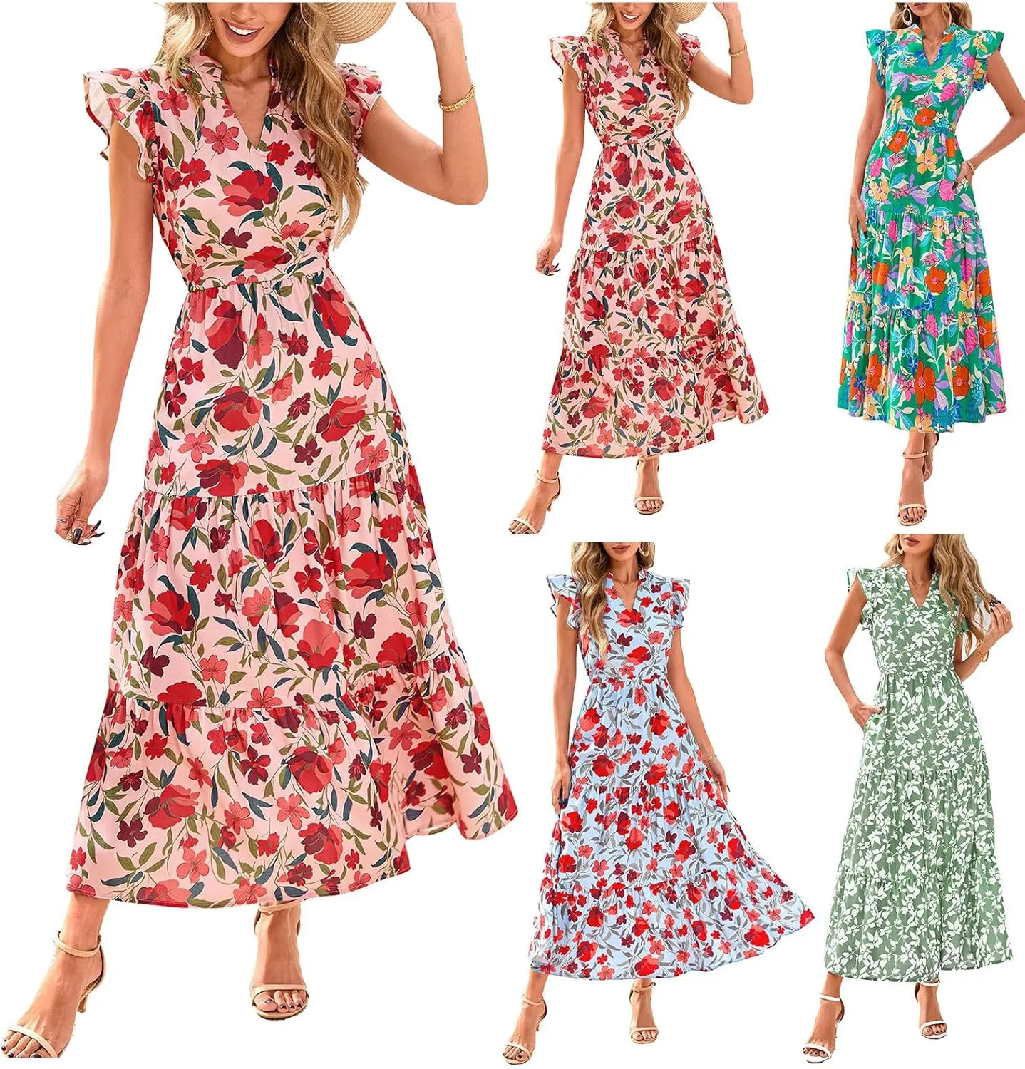Maxi Dresses Casual Summer Wrap Maxi Dress Boho Floral Long Dresses V Neck Flutter Short Sleeve Ruffle Hem Swing Dress