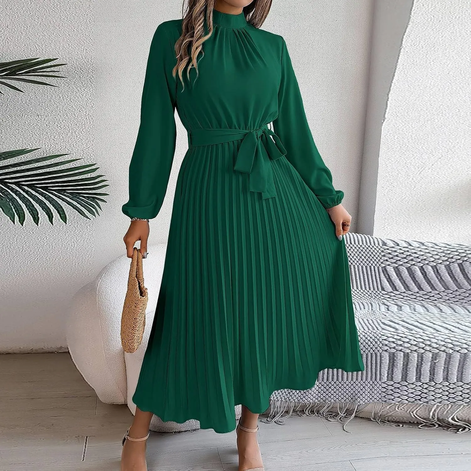 Maxi Dresses for Women 2024 Long Sleeve Pleated Dress Retro Casual Dresses Work Fitted Cute A-Line Trendy Clothing