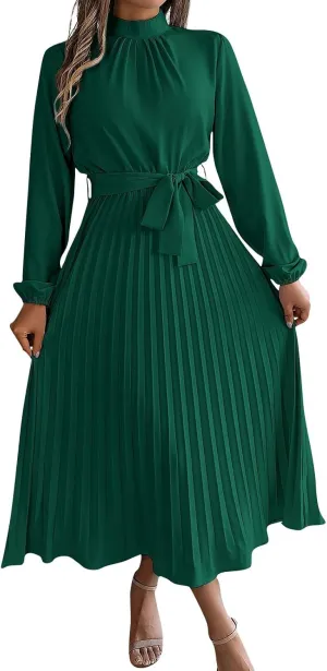 Maxi Dresses for Women 2024 Long Sleeve Pleated Dress Retro Casual Dresses Work Fitted Cute A-Line Trendy Clothing