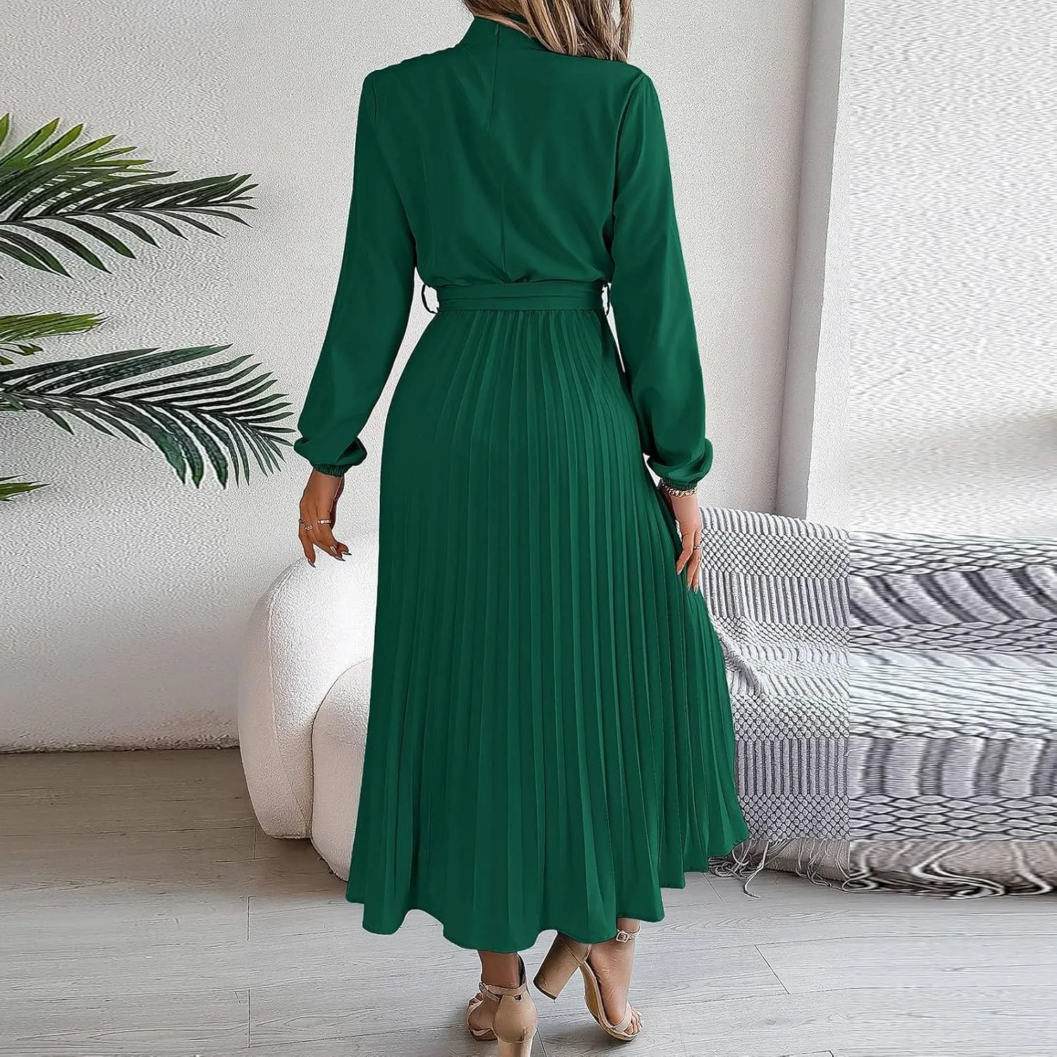 Maxi Dresses for Women 2024 Long Sleeve Pleated Dress Retro Casual Dresses Work Fitted Cute A-Line Trendy Clothing