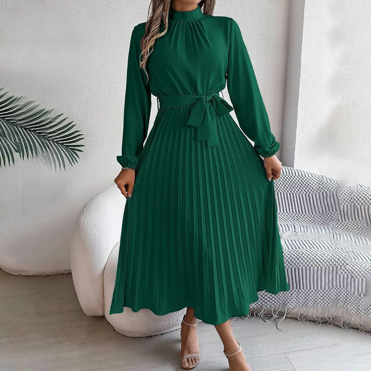 Maxi Dresses for Women 2024 Long Sleeve Pleated Dress Retro Casual Dresses Work Fitted Cute A-Line Trendy Clothing