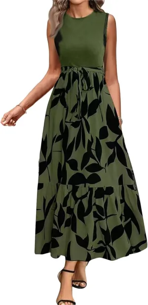 Maxi Dresses for Women 2025 Floral Patchwork Sleeveless Wrap Dress Summer Elegant Flowy Tie Waist Wedding Guest Dress