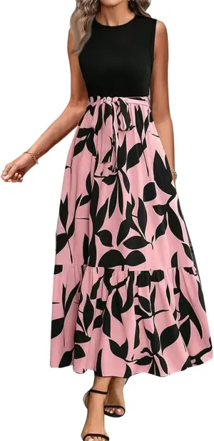 Maxi Dresses for Women 2025 Floral Patchwork Sleeveless Wrap Dress Summer Elegant Flowy Tie Waist Wedding Guest Dress