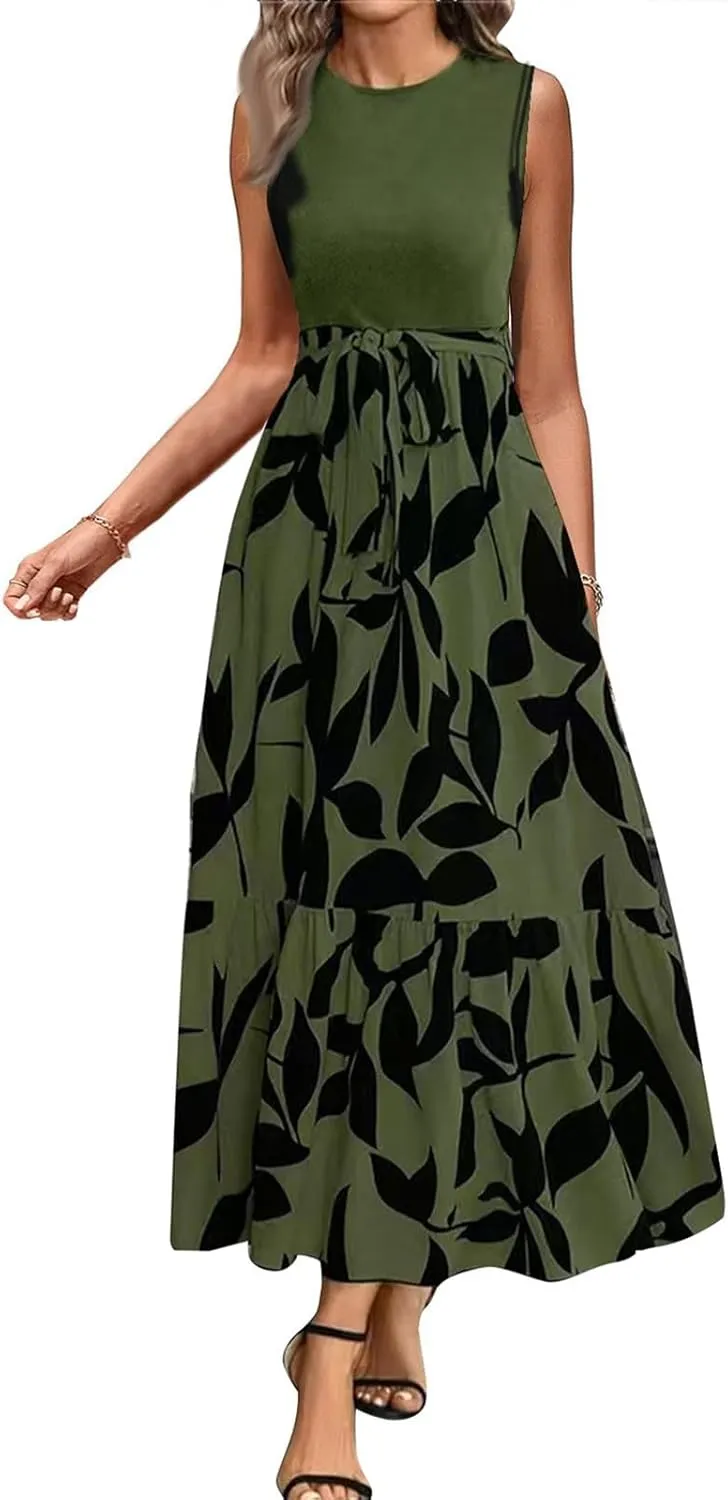 Maxi Dresses for Women 2025 Floral Patchwork Sleeveless Wrap Dress Summer Elegant Flowy Tie Waist Wedding Guest Dress