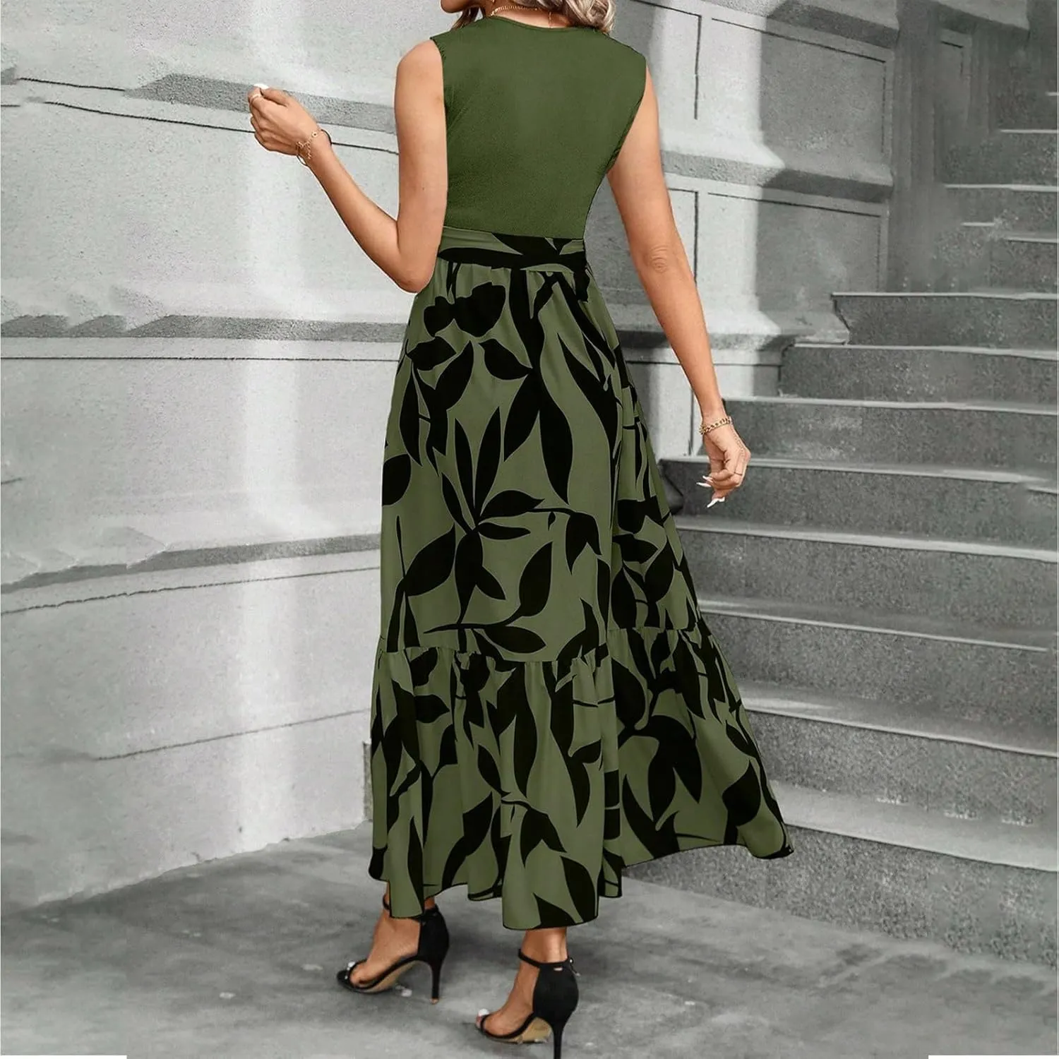 Maxi Dresses for Women 2025 Floral Patchwork Sleeveless Wrap Dress Summer Elegant Flowy Tie Waist Wedding Guest Dress