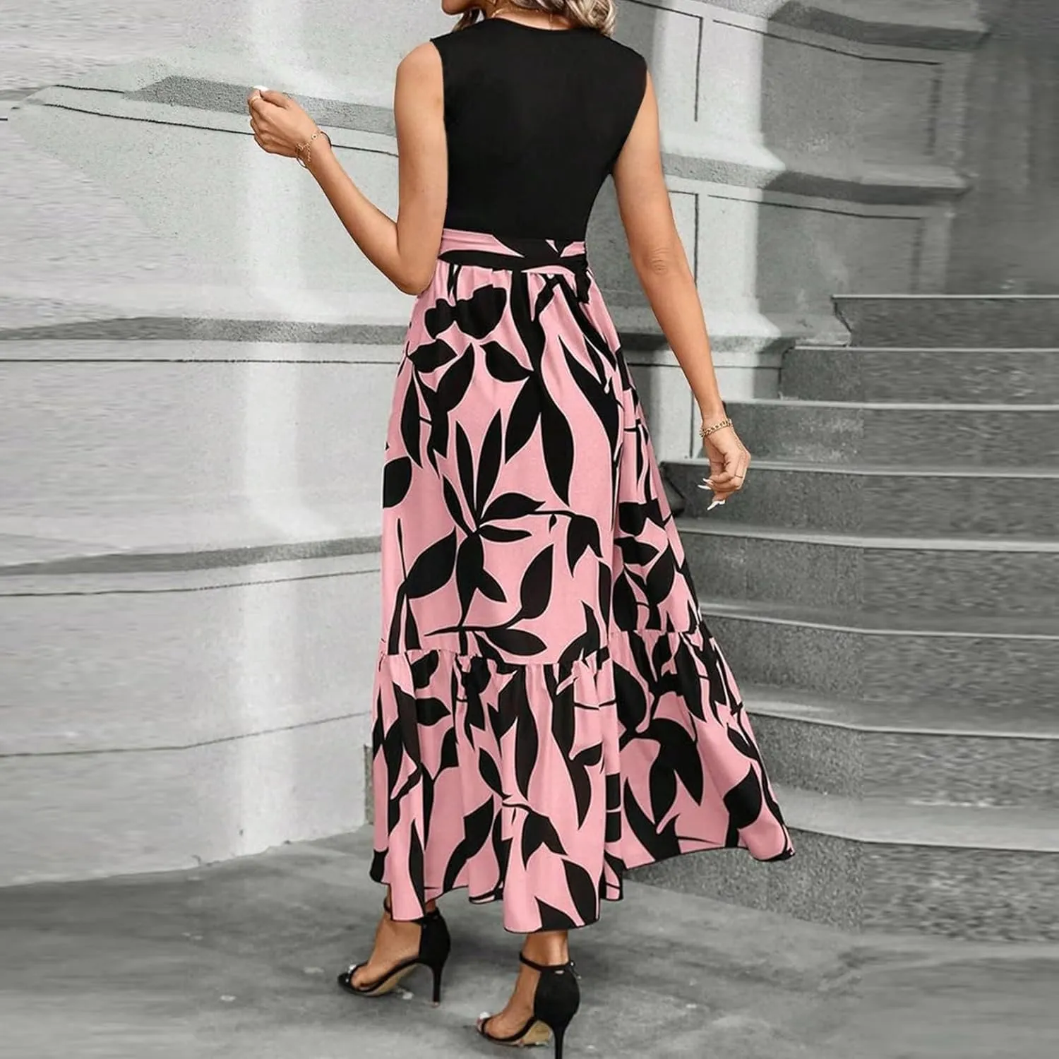 Maxi Dresses for Women 2025 Floral Patchwork Sleeveless Wrap Dress Summer Elegant Flowy Tie Waist Wedding Guest Dress
