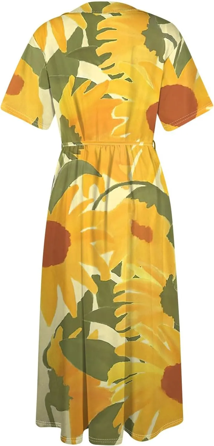 Maxi Dresses for Women 2025 Flowy Spring Summer Button Front Tie Swing Maxi Dress