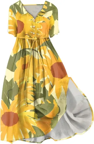 Maxi Dresses for Women 2025 Flowy Spring Summer Button Front Tie Swing Maxi Dress