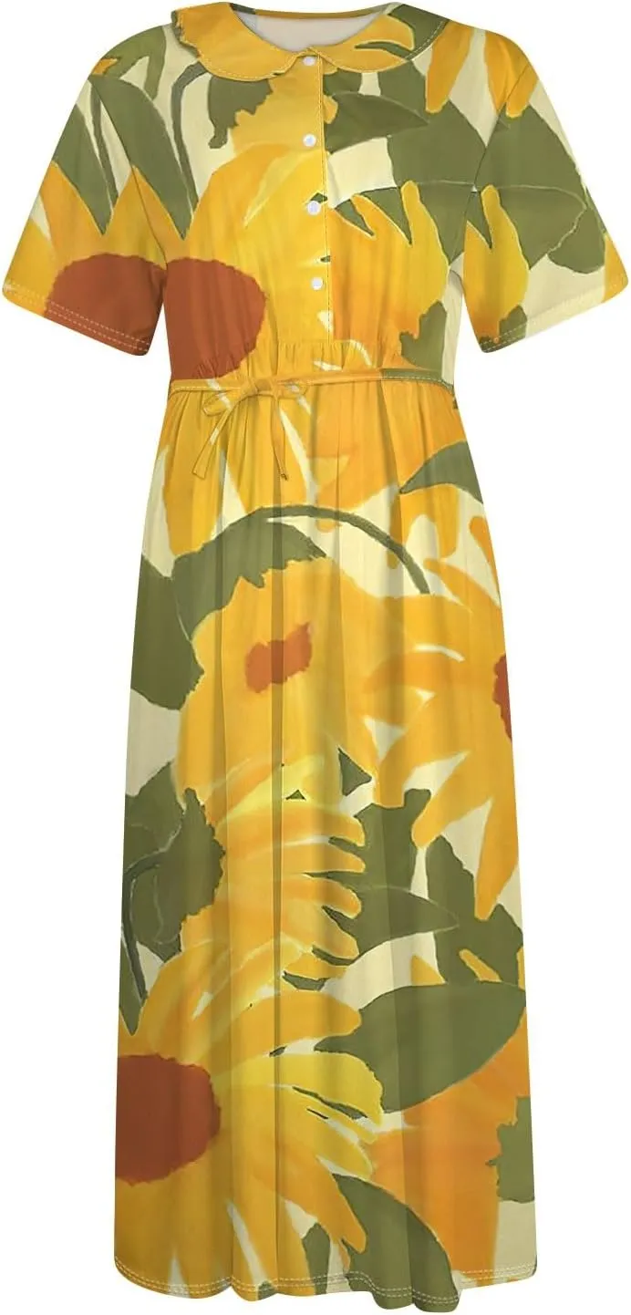Maxi Dresses for Women 2025 Flowy Spring Summer Button Front Tie Swing Maxi Dress