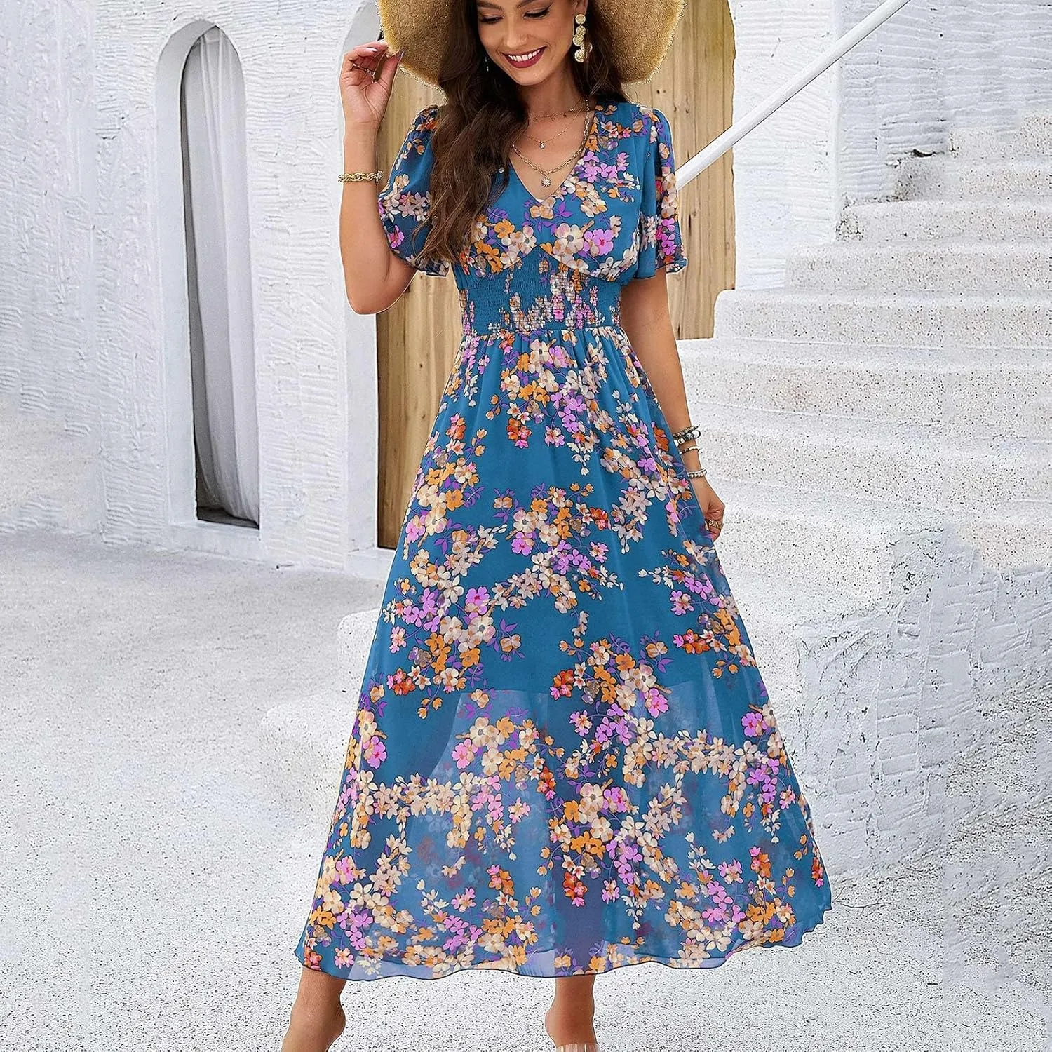 Maxi Dresses for Women 2025 Maxi Dresses for Women 2025 Flowy Ruffle Short Sleeve Waist