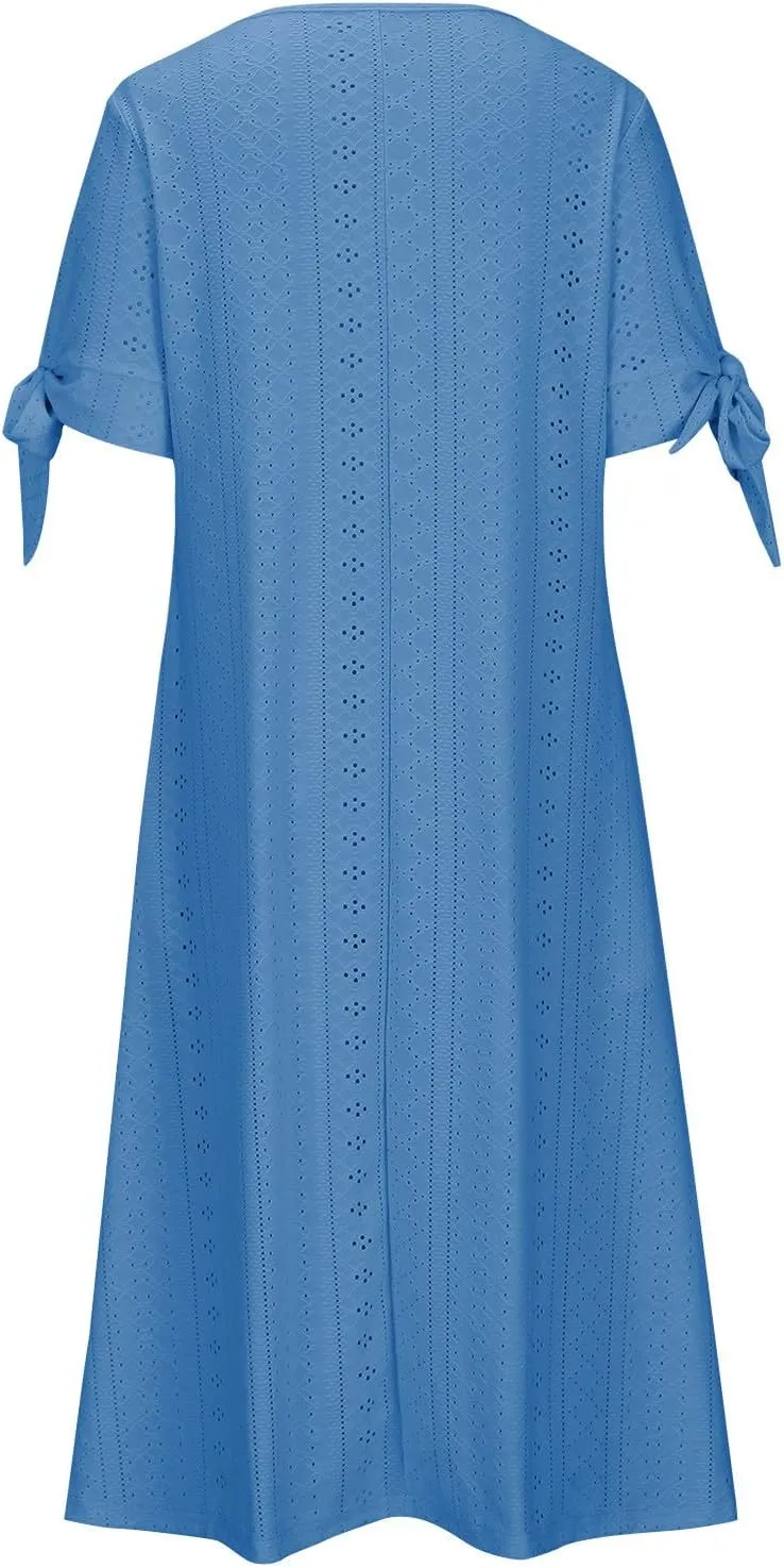 Maxi Dresses for Women 2025 Trendy Short Sleeve Eyelet Summer Dress V Neck Plus Size Casual Beach Vacation Sundress