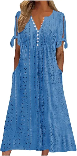 Maxi Dresses for Women 2025 Trendy Short Sleeve Eyelet Summer Dress V Neck Plus Size Casual Beach Vacation Sundress