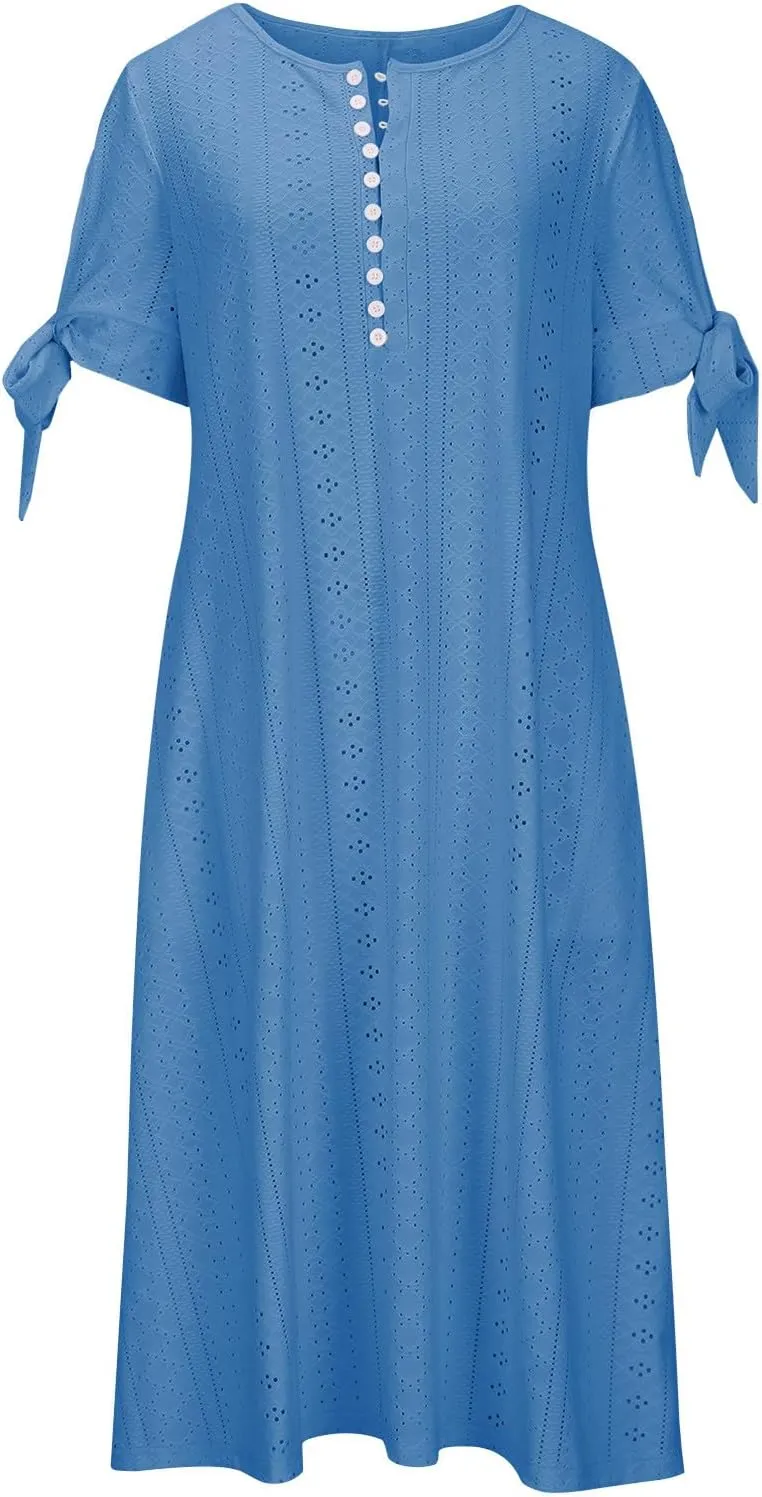 Maxi Dresses for Women 2025 Trendy Short Sleeve Eyelet Summer Dress V Neck Plus Size Casual Beach Vacation Sundress