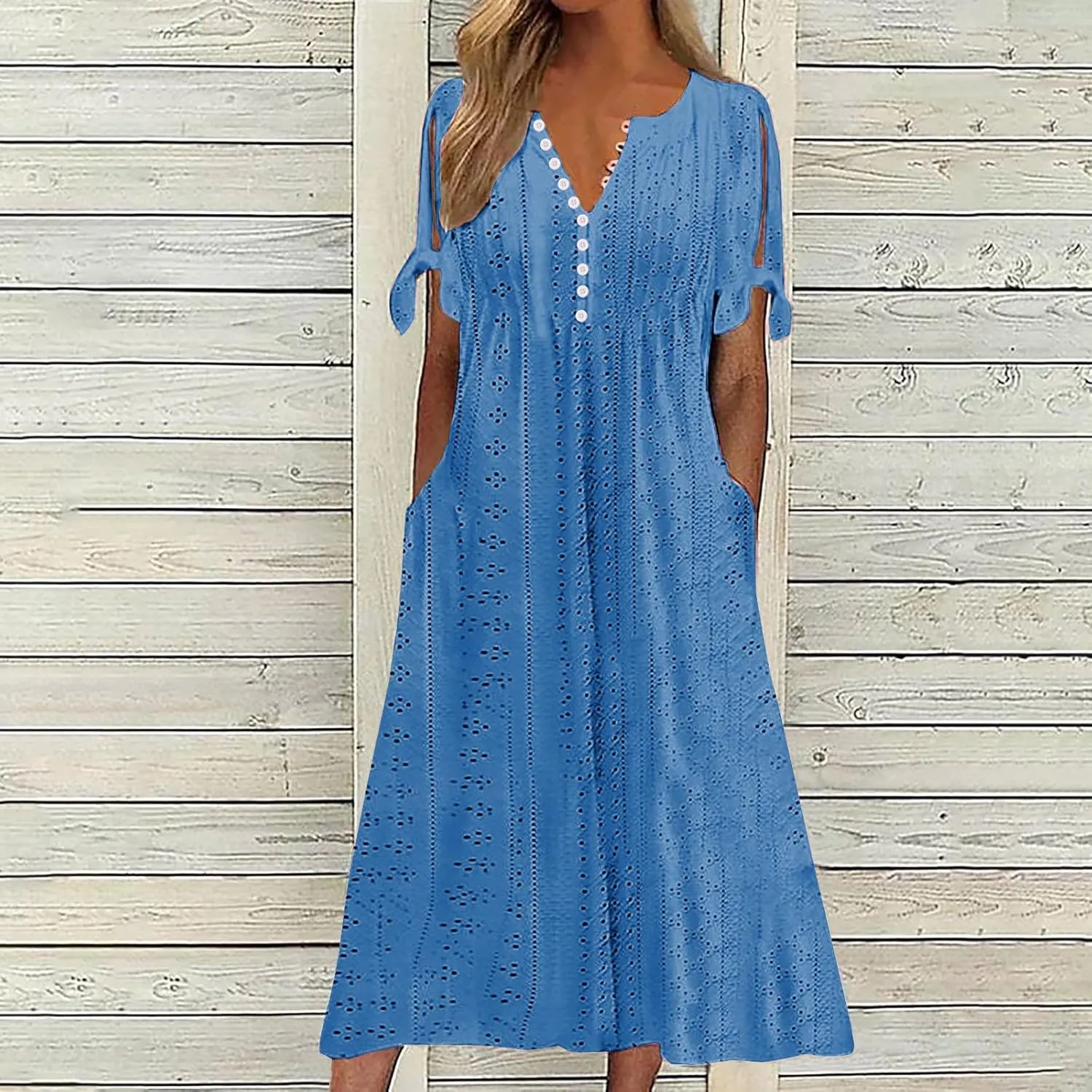 Maxi Dresses for Women 2025 Trendy Short Sleeve Eyelet Summer Dress V Neck Plus Size Casual Beach Vacation Sundress