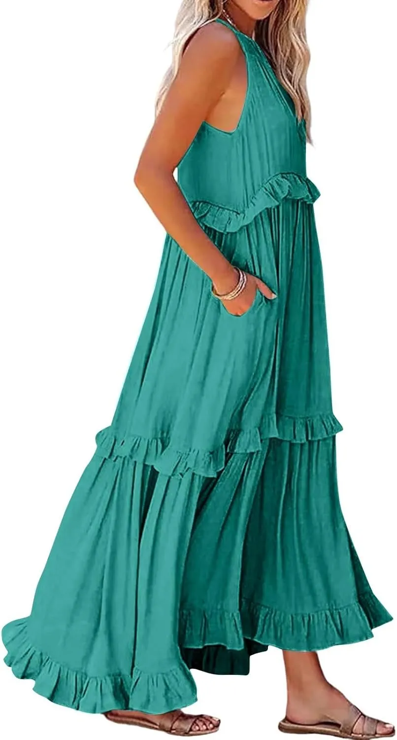 Maxi Dresses for Women 2025 Vacation Halter Neck Tie Sleeveless Tiered Ruffle Dress Babydoll Loose Swing Beach Sundress