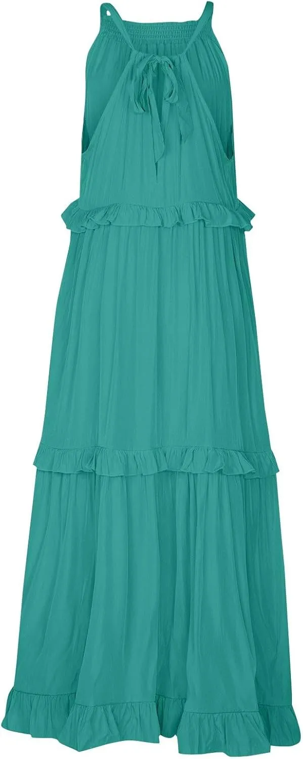 Maxi Dresses for Women 2025 Vacation Halter Neck Tie Sleeveless Tiered Ruffle Dress Babydoll Loose Swing Beach Sundress