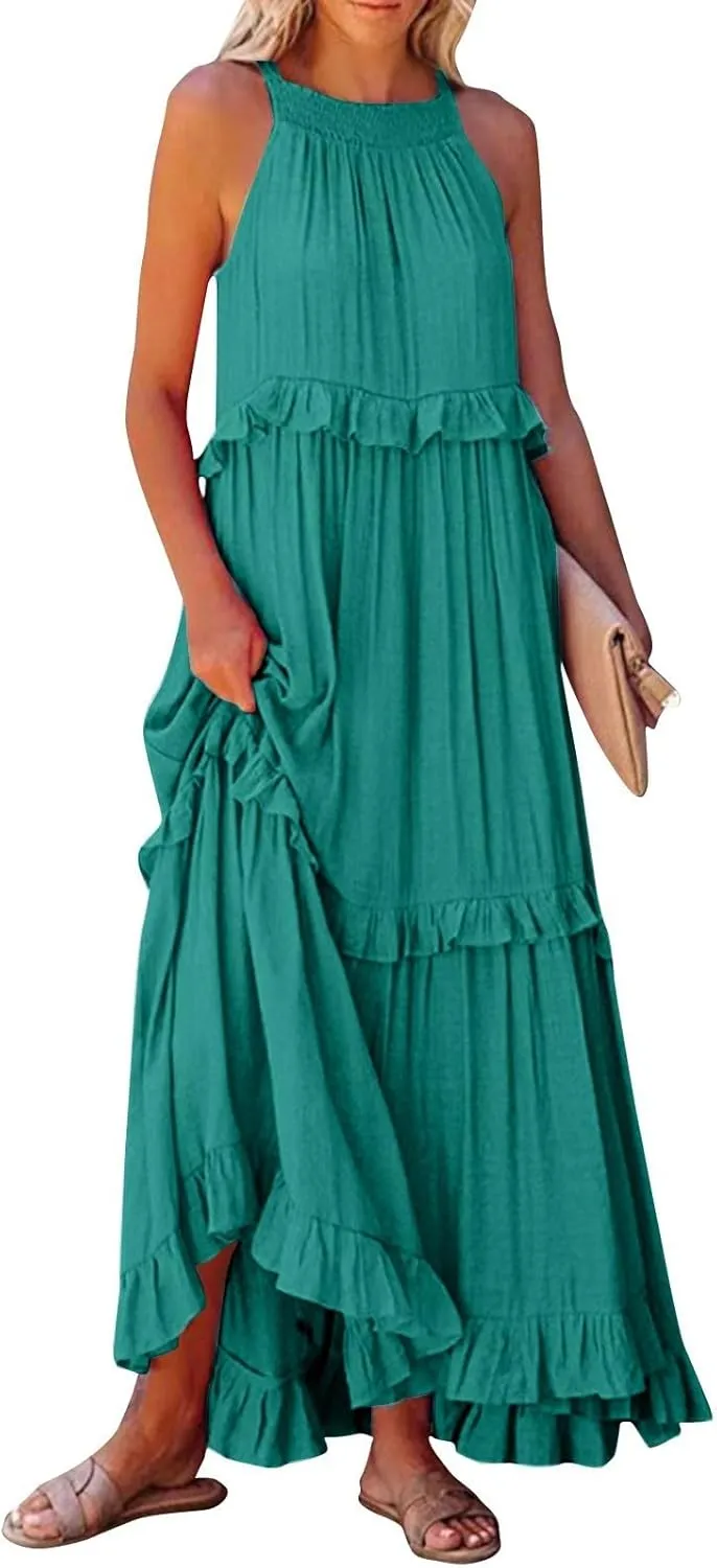 Maxi Dresses for Women 2025 Vacation Halter Neck Tie Sleeveless Tiered Ruffle Dress Babydoll Loose Swing Beach Sundress