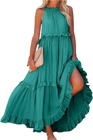 Maxi Dresses for Women 2025 Vacation Halter Neck Tie Sleeveless Tiered Ruffle Dress Babydoll Loose Swing Beach Sundress