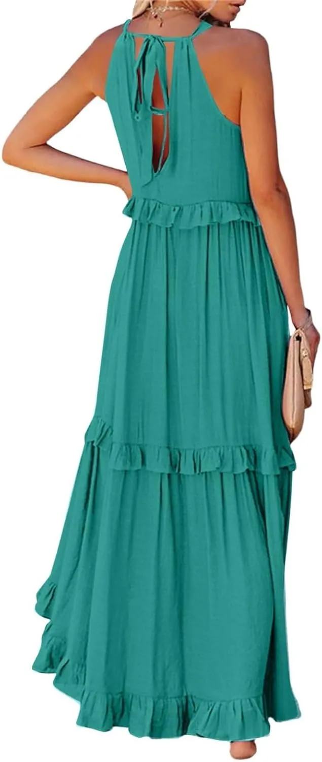 Maxi Dresses for Women 2025 Vacation Halter Neck Tie Sleeveless Tiered Ruffle Dress Babydoll Loose Swing Beach Sundress