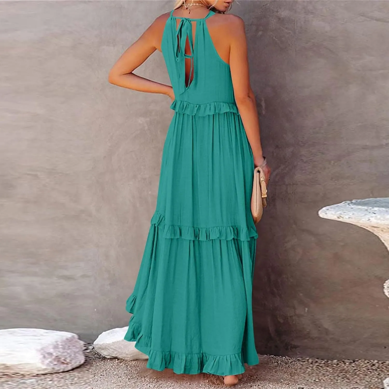 Maxi Dresses for Women 2025 Vacation Halter Neck Tie Sleeveless Tiered Ruffle Dress Babydoll Loose Swing Beach Sundress