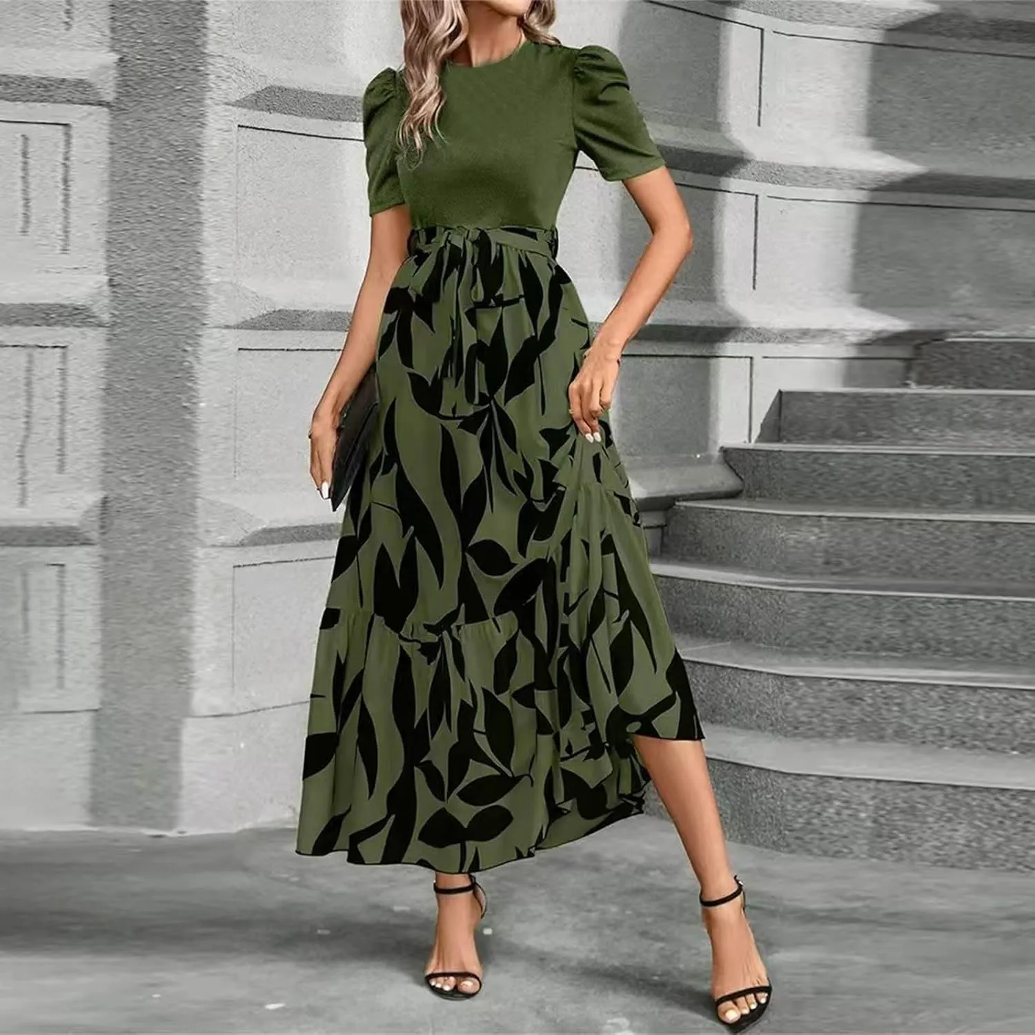 Maxi Dresses for Women,2025 Spring Summer Elegant Crewneck Short Sleeve Beach Dress Trendy Floral Flowy Boho Dress