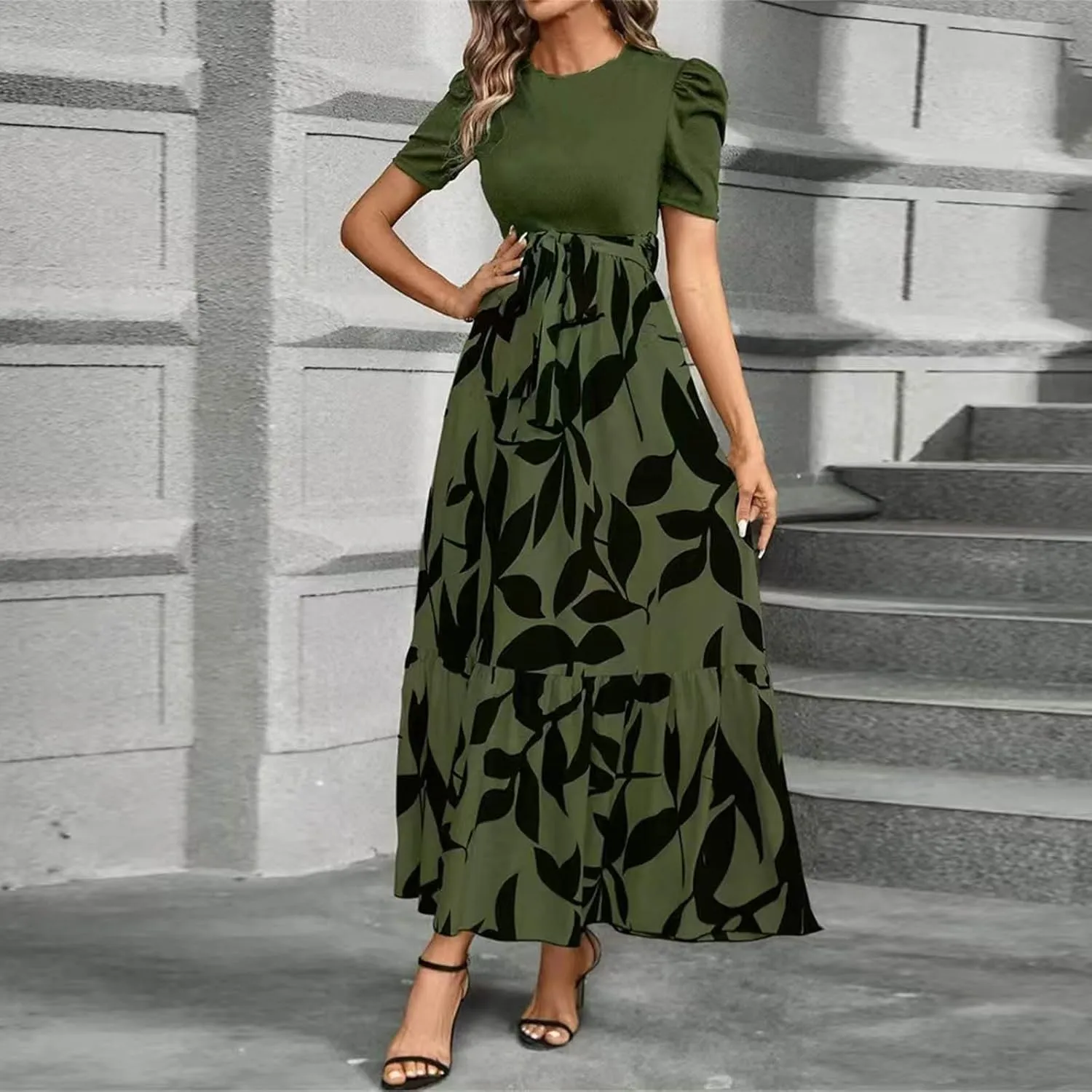 Maxi Dresses for Women,2025 Spring Summer Elegant Crewneck Short Sleeve Beach Dress Trendy Floral Flowy Boho Dress