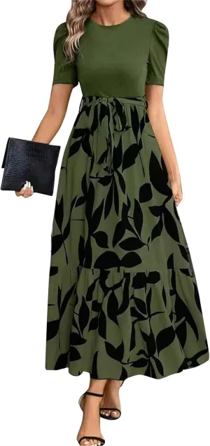 Maxi Dresses for Women,2025 Spring Summer Elegant Crewneck Short Sleeve Beach Dress Trendy Floral Flowy Boho Dress