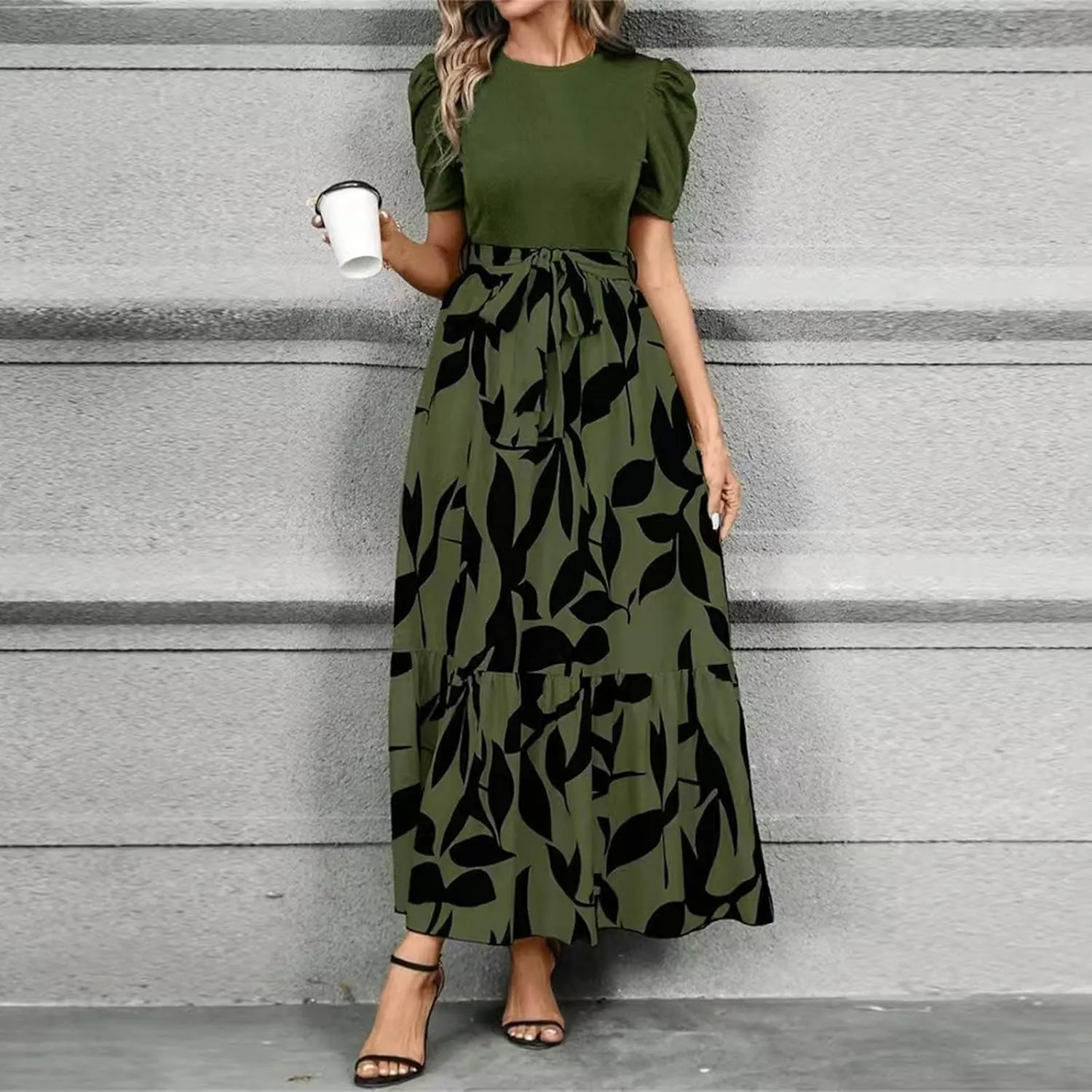 Maxi Dresses for Women,2025 Spring Summer Elegant Crewneck Short Sleeve Beach Dress Trendy Floral Flowy Boho Dress