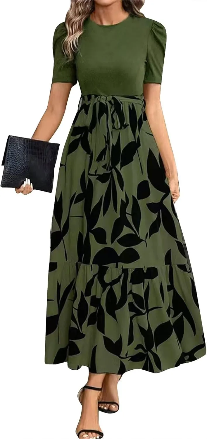 Maxi Dresses for Women,2025 Spring Summer Elegant Crewneck Short Sleeve Beach Dress Trendy Floral Flowy Boho Dress