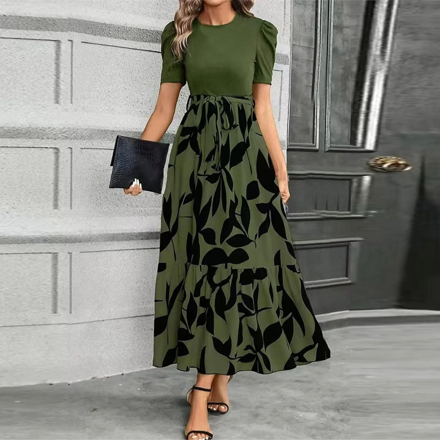 Maxi Dresses for Women,2025 Spring Summer Elegant Crewneck Short Sleeve Beach Dress Trendy Floral Flowy Boho Dress