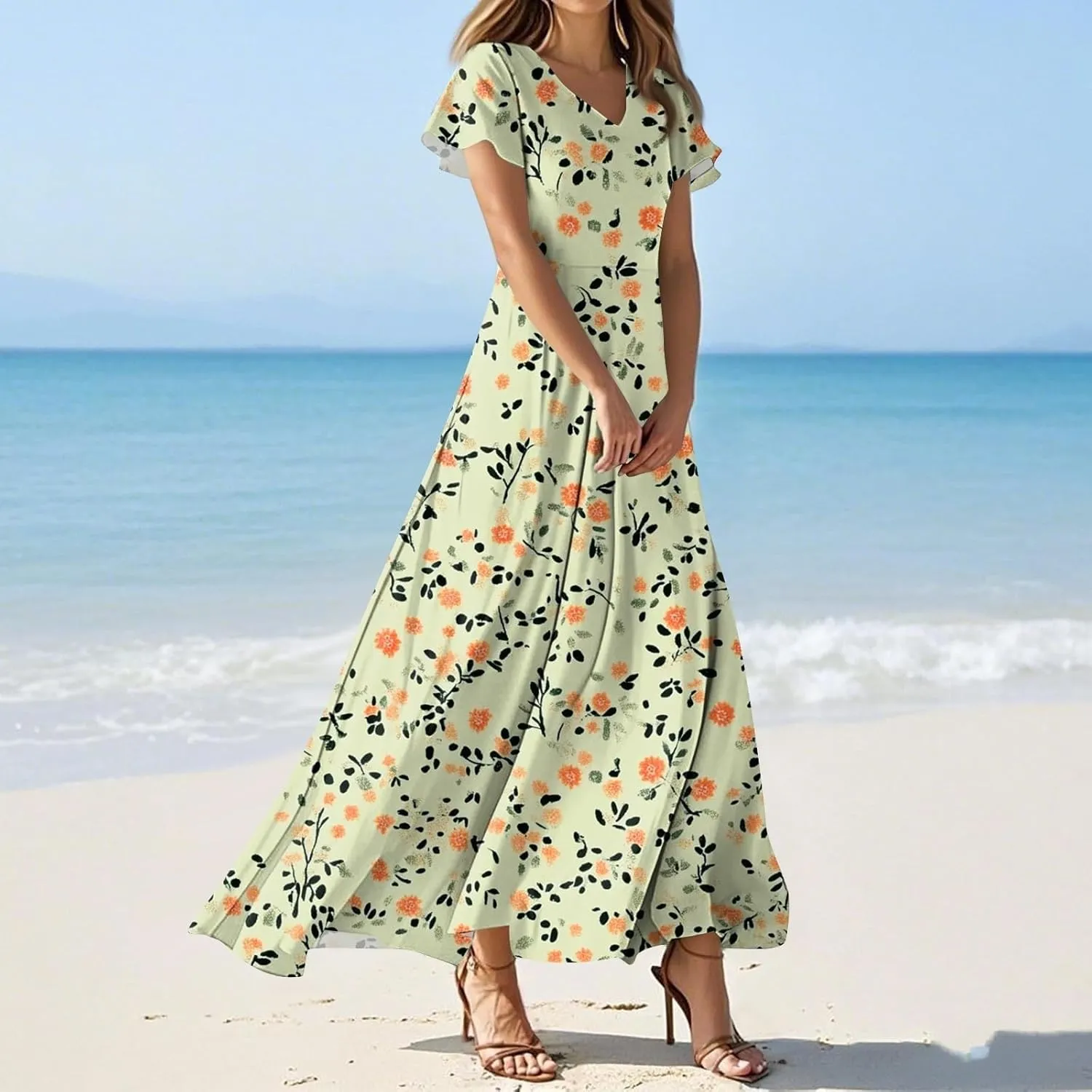 Maxi Dresses for Women,2025 Summer Trendy Floral Boho Dress,Casual V Neck Short Sleeve Chiffon Flowy Beach Dress