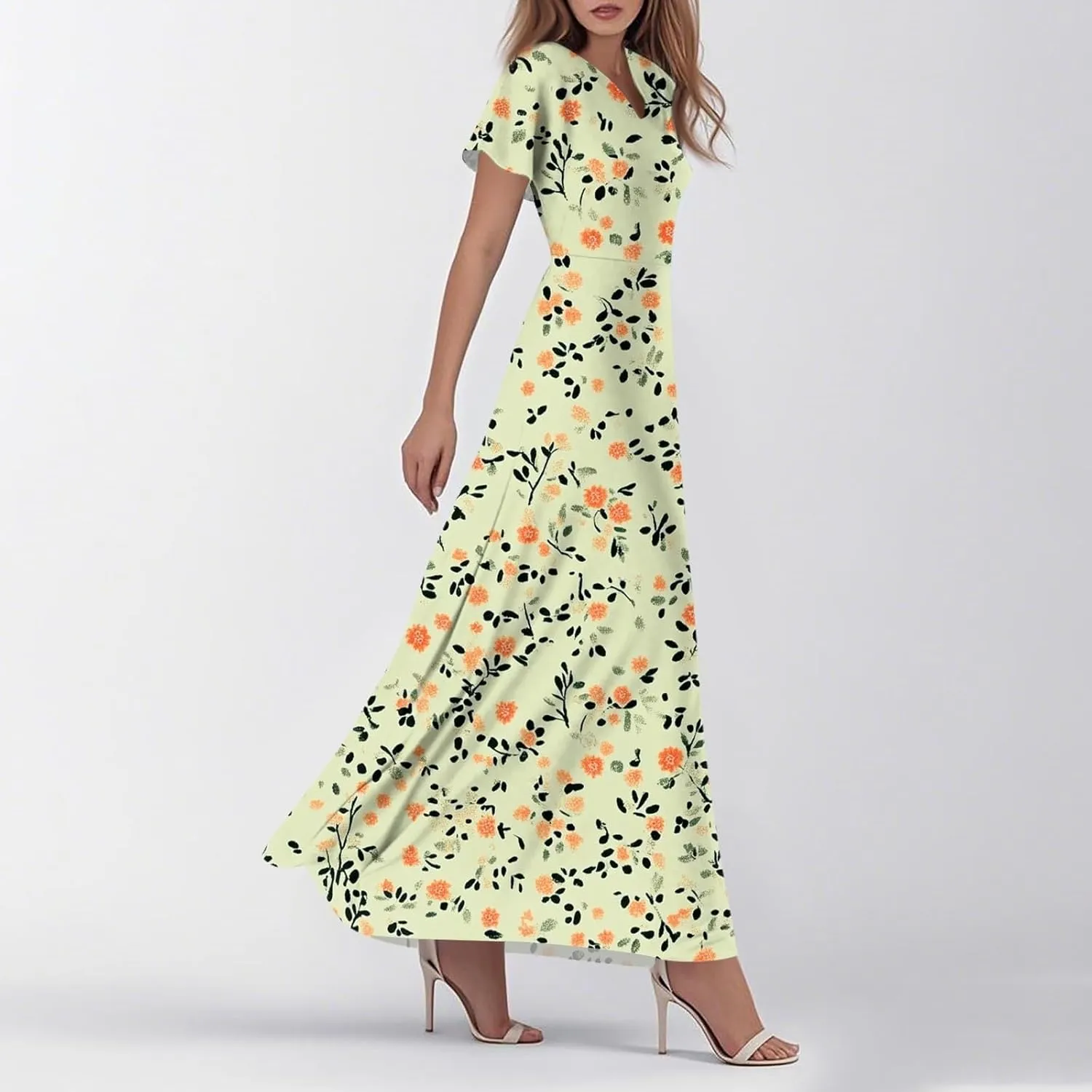 Maxi Dresses for Women,2025 Summer Trendy Floral Boho Dress,Casual V Neck Short Sleeve Chiffon Flowy Beach Dress