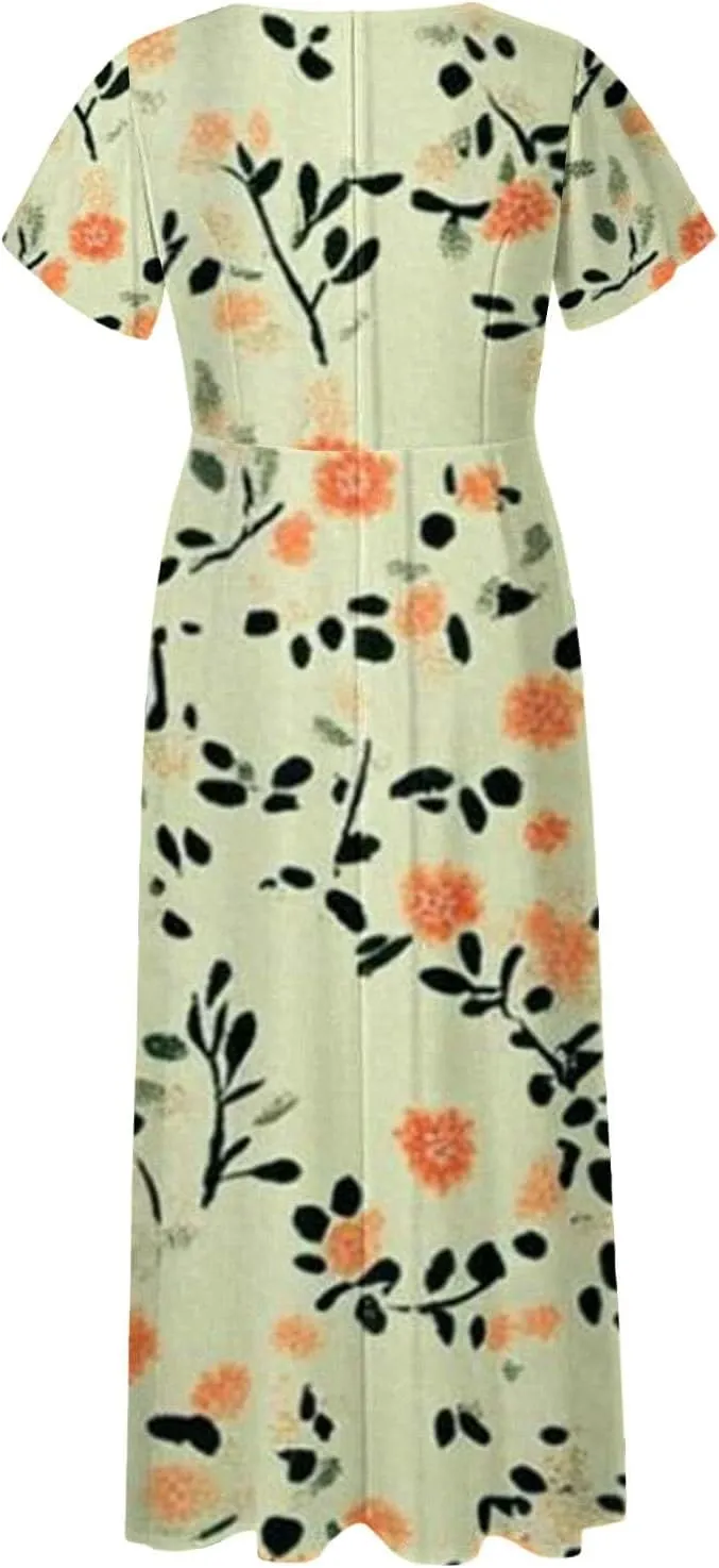Maxi Dresses for Women,2025 Summer Trendy Floral Boho Dress,Casual V Neck Short Sleeve Chiffon Flowy Beach Dress