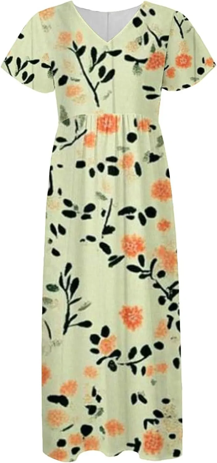 Maxi Dresses for Women,2025 Summer Trendy Floral Boho Dress,Casual V Neck Short Sleeve Chiffon Flowy Beach Dress