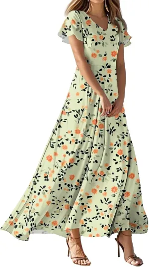 Maxi Dresses for Women,2025 Summer Trendy Floral Boho Dress,Casual V Neck Short Sleeve Chiffon Flowy Beach Dress